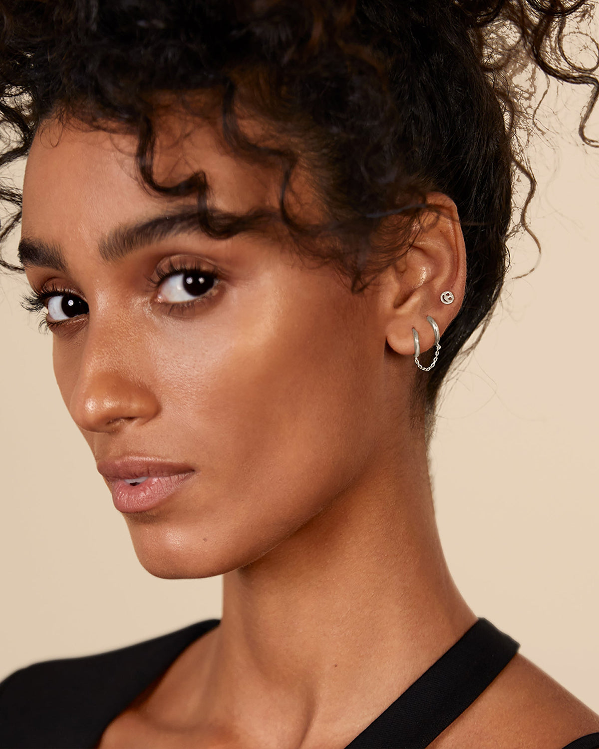 Double Huggie Dangle Chain Earrings